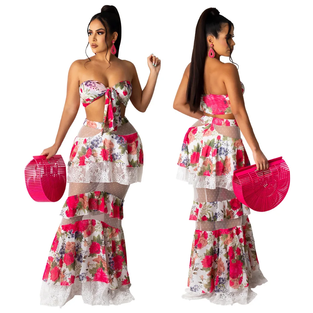 

RStylish Womens Outfits 2021 Summer Off Shoulder Strapless Crop Top+Ruffle Sexy Mesh See Through Maxi Long Skirt 2 Two Piece Set