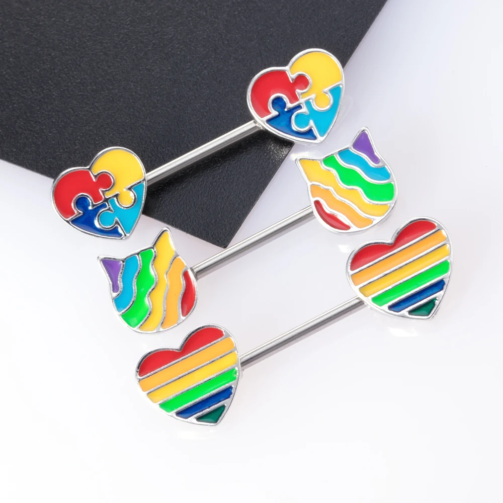 Кольцо для пирсинга сосков женское Радужное в форме сердца кота | Украшения и