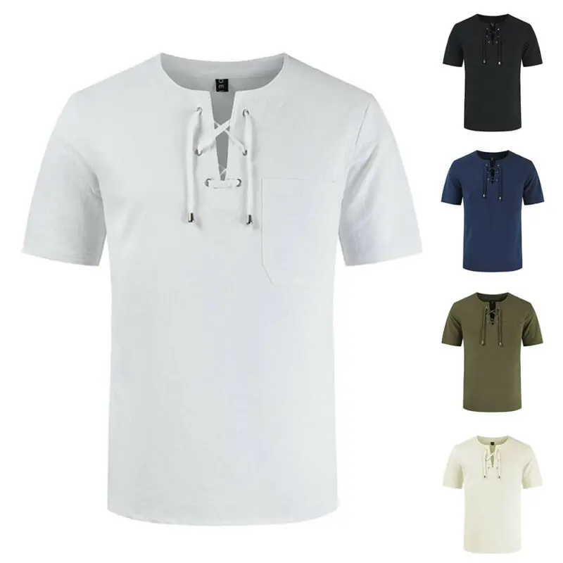 

Cofekate мужские топы 2021 Повседневная простая футболка летние топы с коротким рукавом Удобная рубашка с кулиской круглый вырез Мужская футболк...