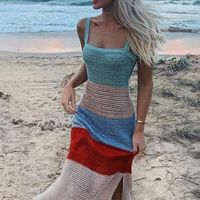 2020 new low cut women dress beach cover ups crochet knitted tunic bikini cover up swim striped beachwear split long kaftan