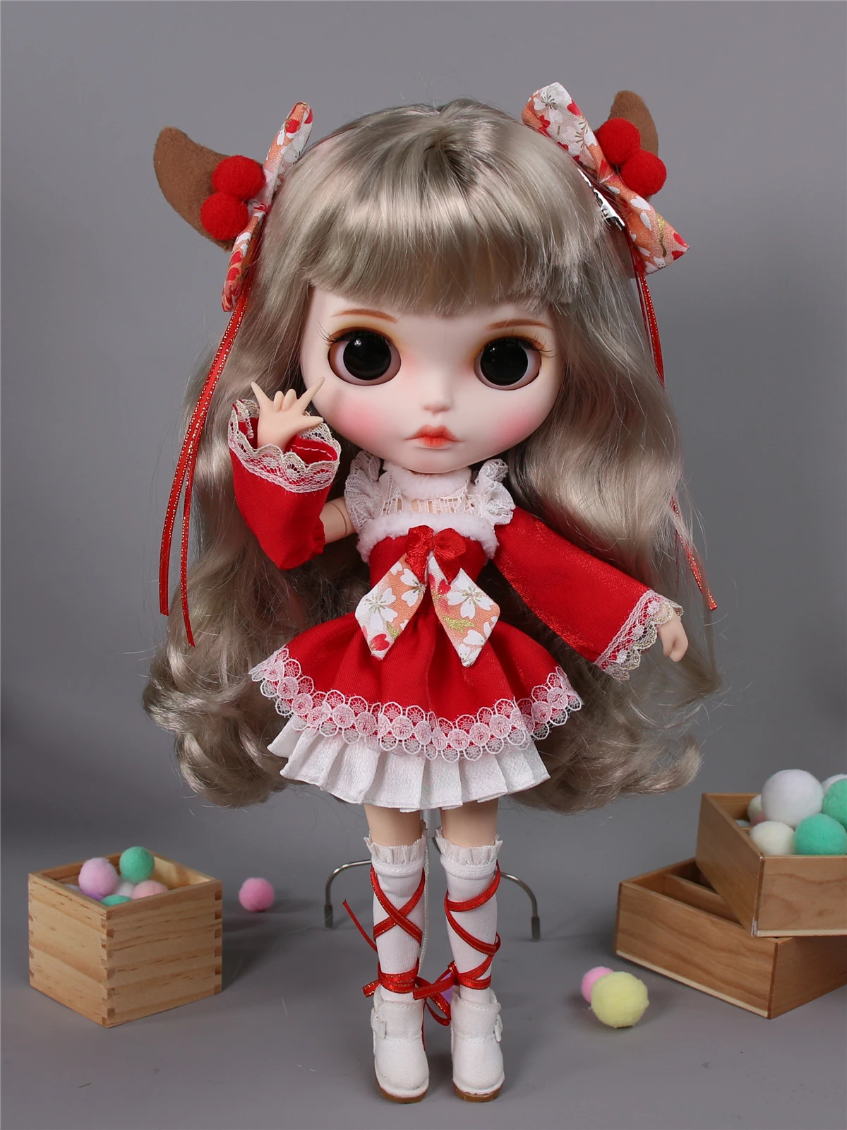 Neo Blythe Doll Christmas Dress With Bow Hairpin 4