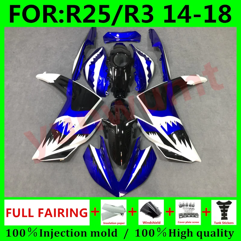 

New ABS Motorcycle Full Fairings Kit Fit For Yamaha YZF R3 2015 2016 2017 2018 YZF R25 15 16 17 18 fairing Bodywork blue shark