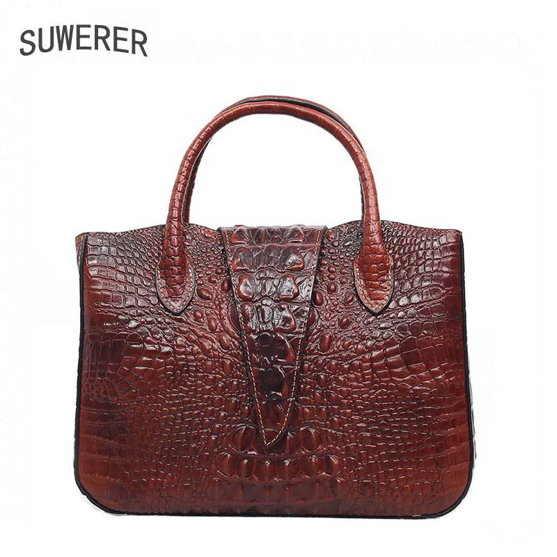 

SUWERER New Women Genuine Leather bags real cowhide leatehr Crocodile pattern tote bag luxury handbags women bags designer