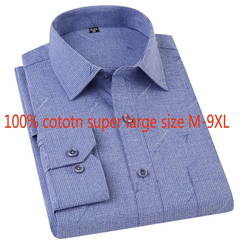 

New Fashion High Quality Spring Cotton Men Long Sleeve Plaid Light Blue Formal Thin Casual Shirts Plus Size M LXL-6XL 7XL 8XL9XL
