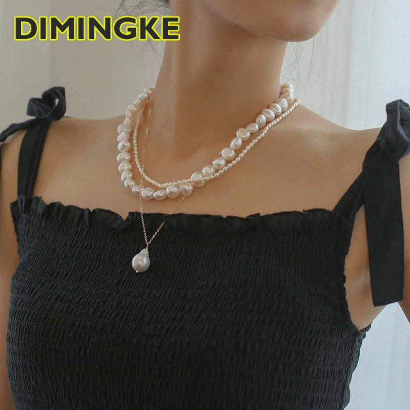 

DIMINGKE Natural Freshwater Pearl 3 Layer Necklace Noble Woman Party Commemorative Gift 100%-S925 Sterling Silver High Jewelry