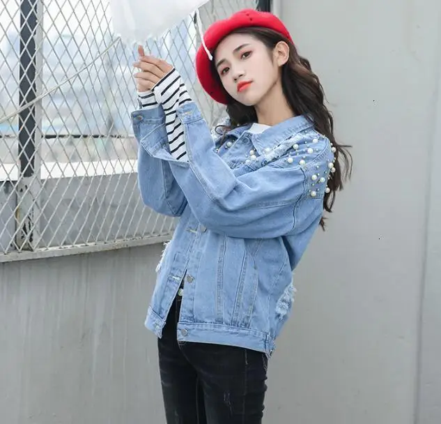 Nieuwe herfst meisjes losse denim jas BF wind korte jasje studenten джинсовая куртка топы kralen|Женские куртки| |