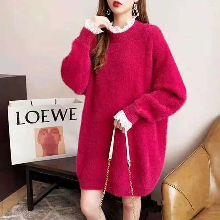 

Women 2021 Autumn Winter New Imitation Mink Velvet Sweater Tops Female Loose Thicken Jumpers Ladies Lace Knitted Pullovers Y617