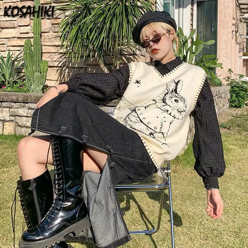 

KOSAHIKI New Autumn Cartoon Sweater Vest Women Designs Fashion Knitted V-neck Sleeveless Sweaters Retro Outwear Jumpers Female