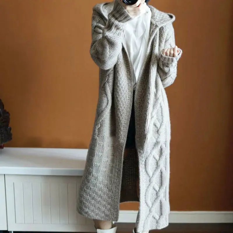 

2021 Winter Korea Hooded Loose Knit Cardigan Sweater Jackets Oversized Thick Long Cardigan Knitting Coat Warm Female Outerwear