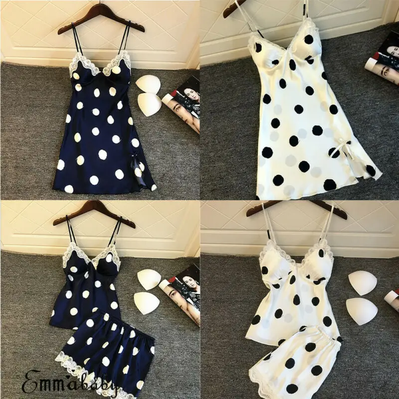 Для женщин новое модное атласное шелковое ночное белье пижама в горошек с