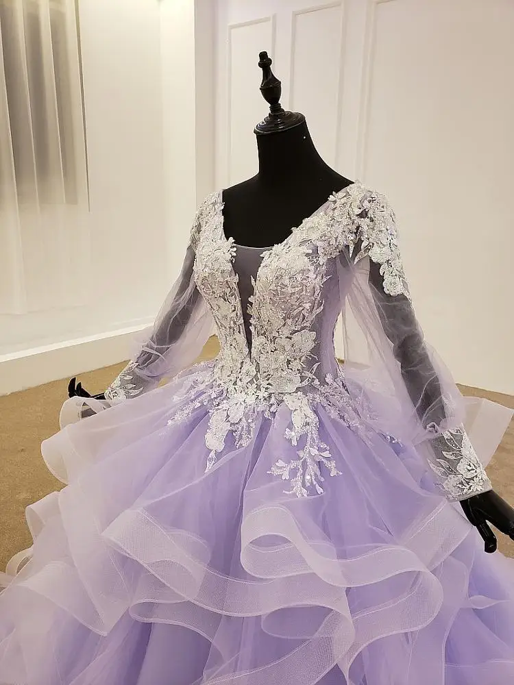 BGW 20218ht 2020 Sexy V Neck Organza Ruffles Ball Gown Purple Sequined Long Sleeves Women Evening Dress Vestido De Noite Curto