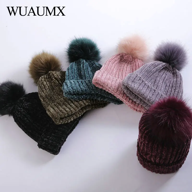 Wuaumx, брендовые вязаные зимние шапки для женщин, меховая шапка с помпоном, одноцветная, зеленая, черная, розовая, повседневная женская шапка Skullies Beanies