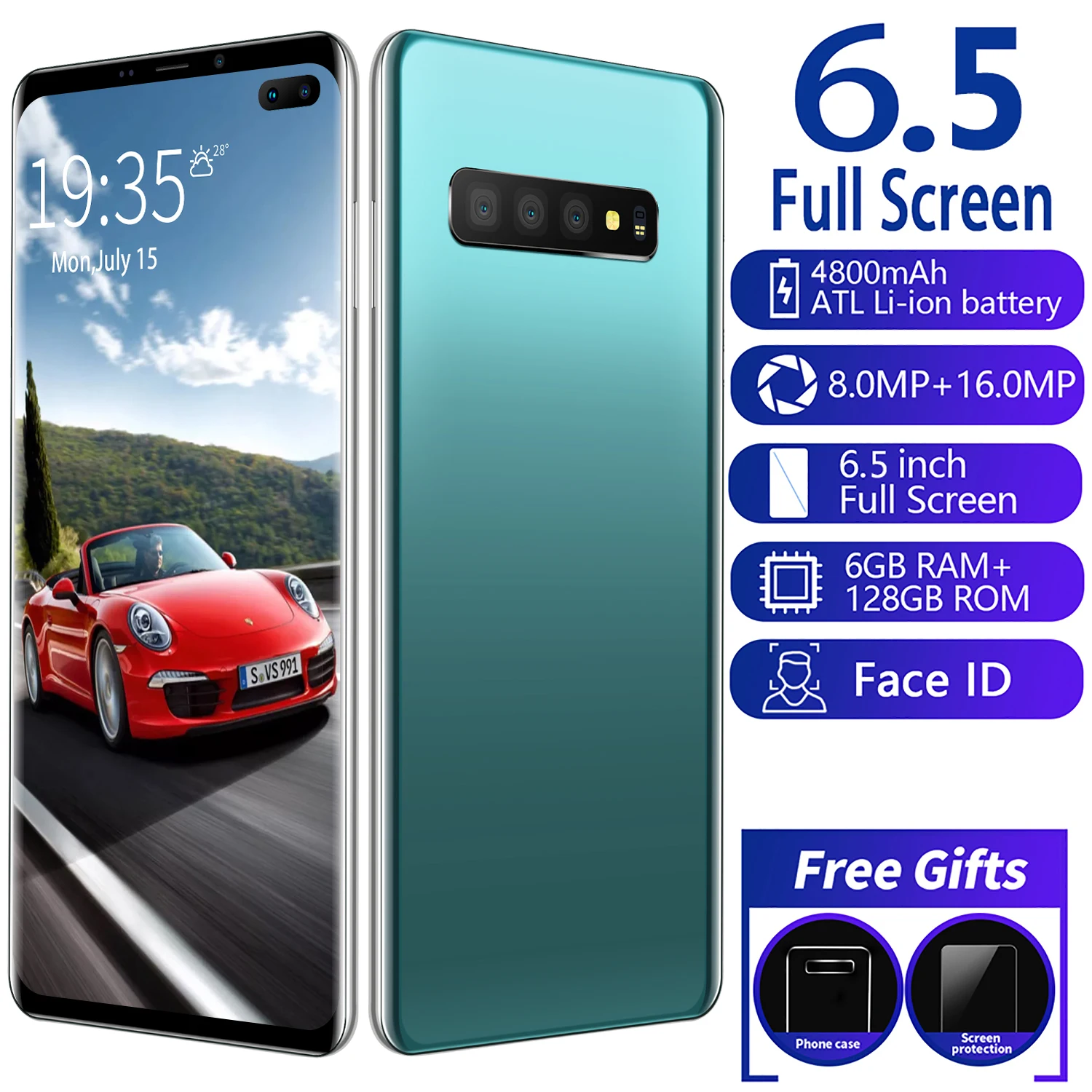 

S10+ 6.5inch 4800mAh Smartphones 8MP+16MP Battery Big Battery 8GB+256GB Android 8 Core Face ID Dual Sim Send glass film
