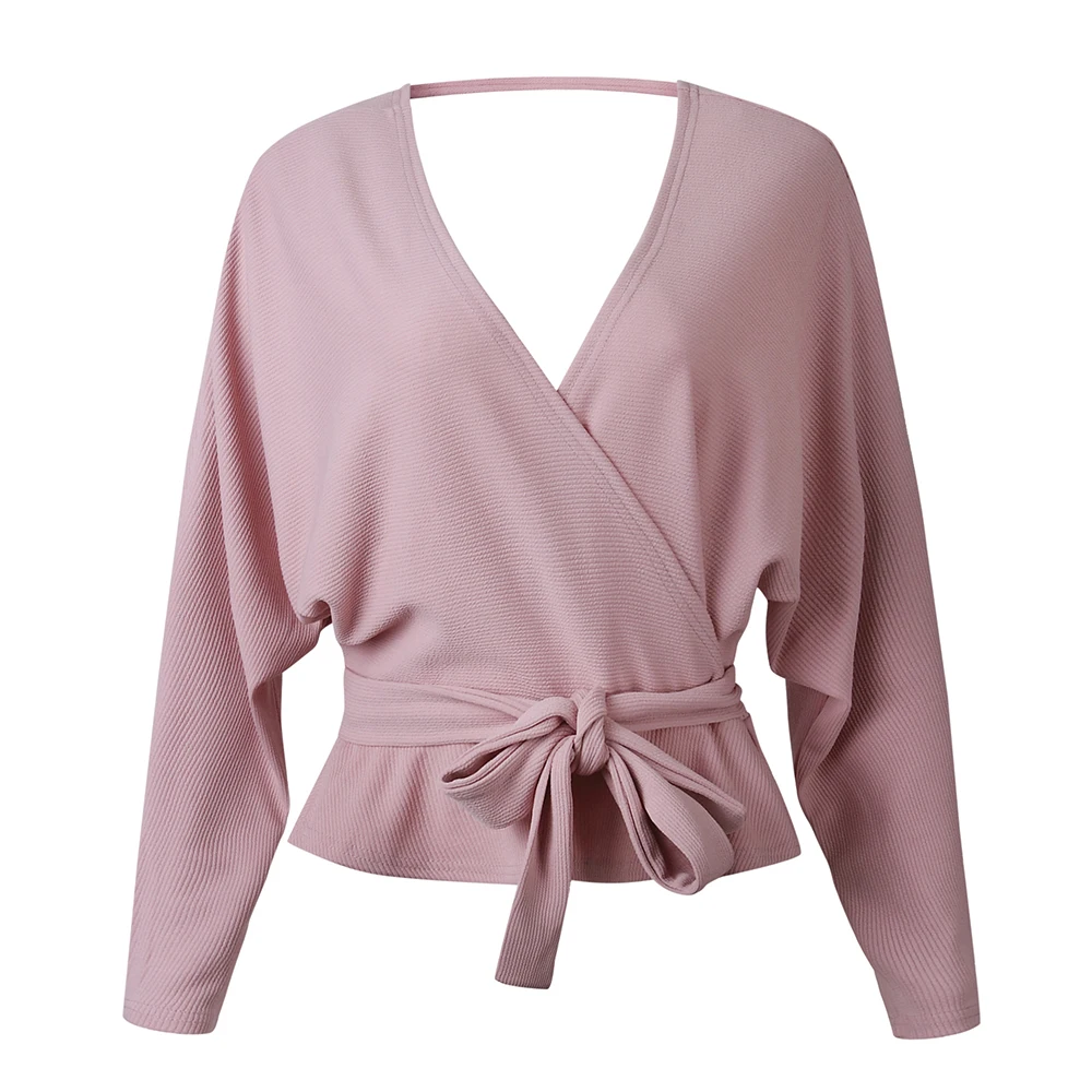 4 Colors Sexy V Neck Wrap Belts Women Office Sweaters Backless Casual Jumper Solid Color Long Sleeves Knitwear Female Pullovers | Женская