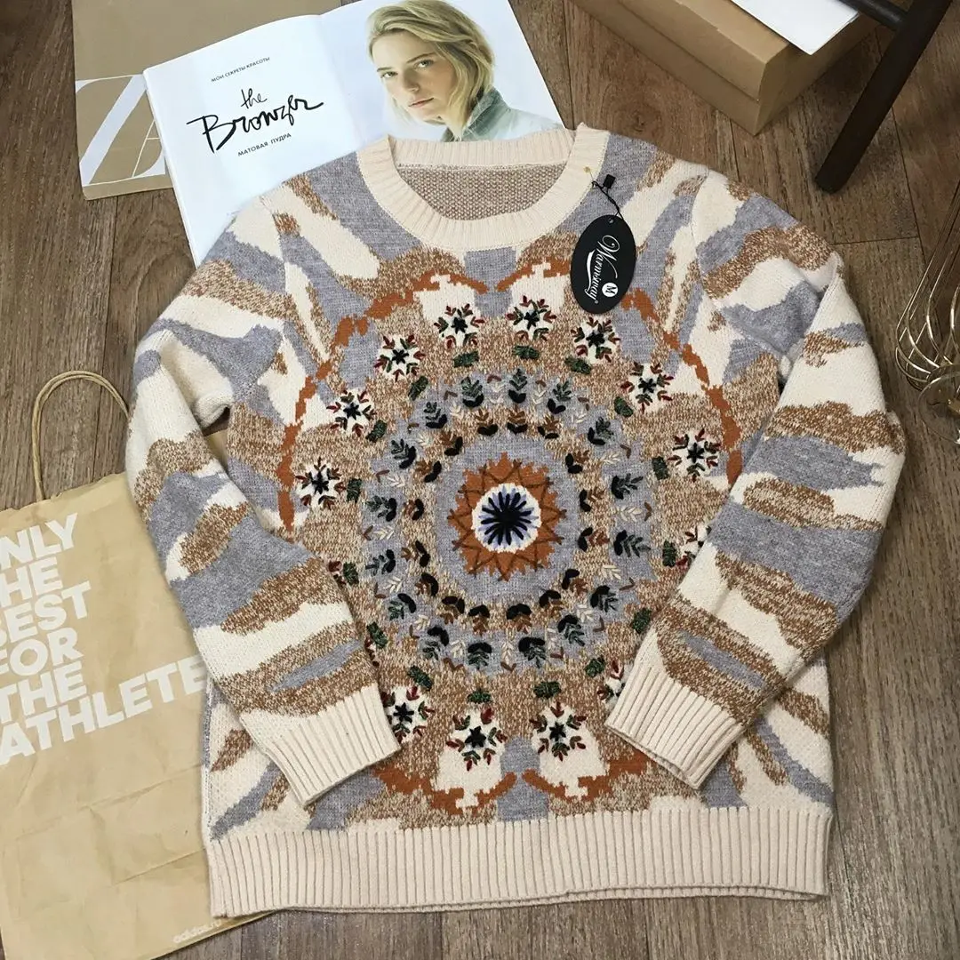 Свитер женский жаккардовый с цветочной вышивкой C-256 | Женская одежда