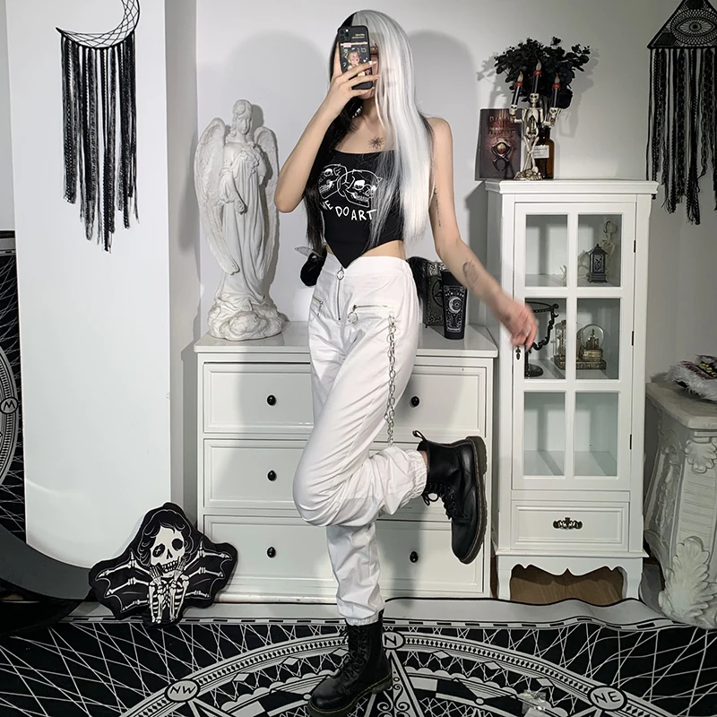 

AIIOU Harajuku White Streetwear Women High Waist Pants Gothic Moon Zipper Hollow Out Bodycon Long Trousers Casual Vintage Pants