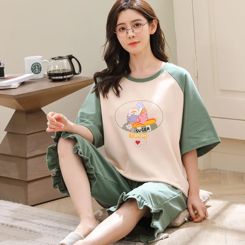 

Summer Pajamas Women's Short Sleeve Capris Cotton Korean Cute Cartoon Leisure Home Suit Small Size Plus Pajama Sets homewear