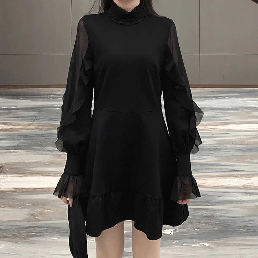 

Vintage Gothic Dress Streetwear Women A Line Fashion Sexy Mesh See-through Long Sleeve High Waist Elegant Party Short Dresses