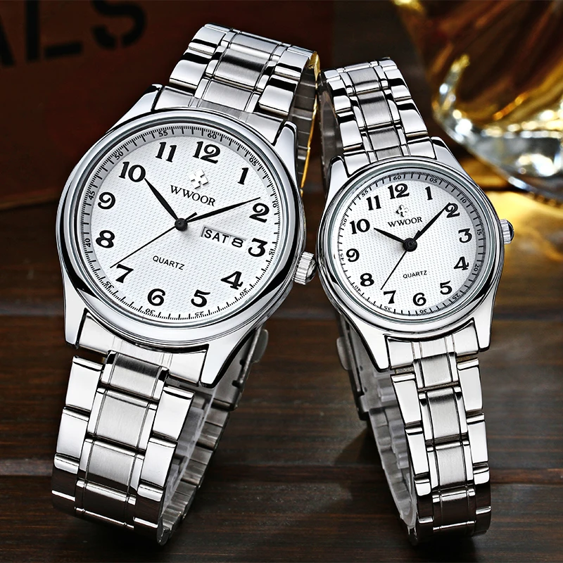 2020 Fashion Couple Watch WWOOR Brand Full Steel Quartz Paired Bracelet Watches For Men And Women Date Lovers Watch Couple Gifts
