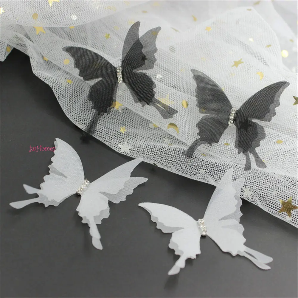 

100PCS White Organza Swallowtail butterfly Appliques Sheer Chiffon Butterflies Double-Layer w/ rhinestone for Party Decoration