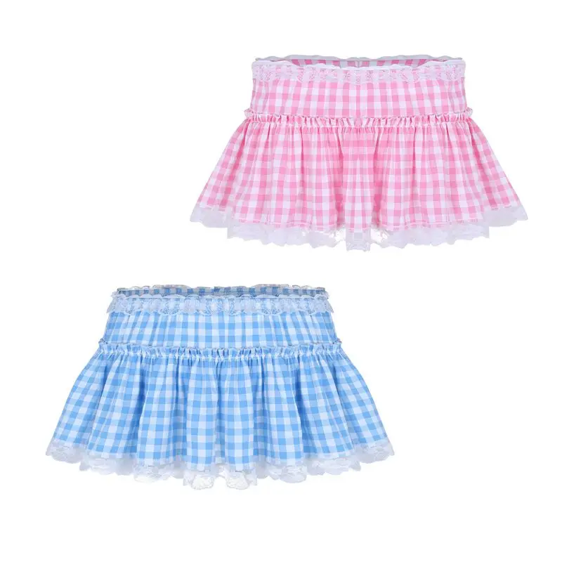 

Unisex Men Women Elastic Waistband Pink Blue Summer Cute Plaid Short Skirt with Lace Hem Pleated Gingham A-line Mini Skirt
