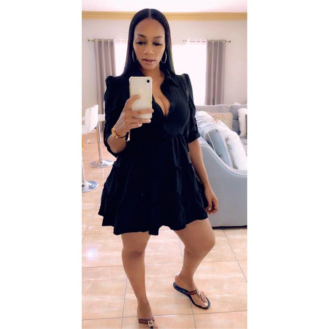 

2021 Women Casual Shirts Mini Solid Color Midi Dresses Plus Size Half Sleeve Lapel Neck Ruffle Hem Button-up Dress