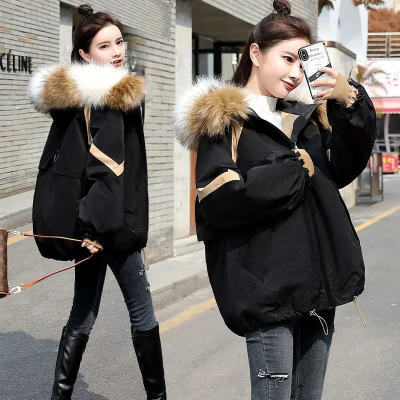 Women Winter Thicker Parkas Jacket 2022 New Korean Fashion Tooling Coat Color Block Fur Collar Jacket Trend Female Warm Jackts