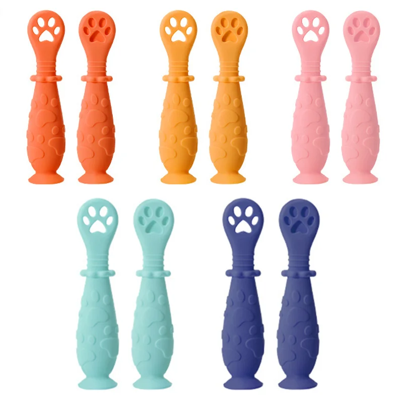Cucharas de silicona de seguridad para dentici&oacute;n de beb&eacute;, palo mordedor para reci&eacute;n nacido, cucharas de alimentaci&oacute;n de entrenamiento, vajilla infantil, 2 uds.-1