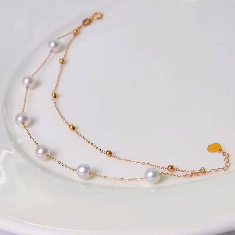 18K Solid Yellow Real Gold Jewelry (AU750) Women Single Grain Pearl Bracelet Chain Natural Sea Pearl Beads  Fashion Lady