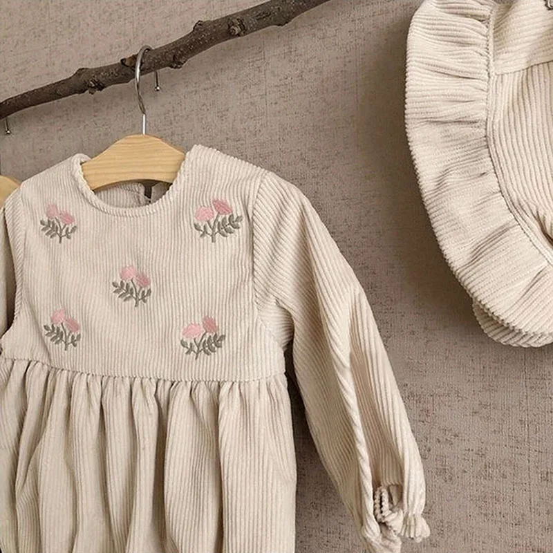 Infant Baby Girls Jumpsuit Vintage Embroidered Corduroy Korean Style Spring Autumn Baby Clothes Toddler Baby Girl Romper+Hat images - 6