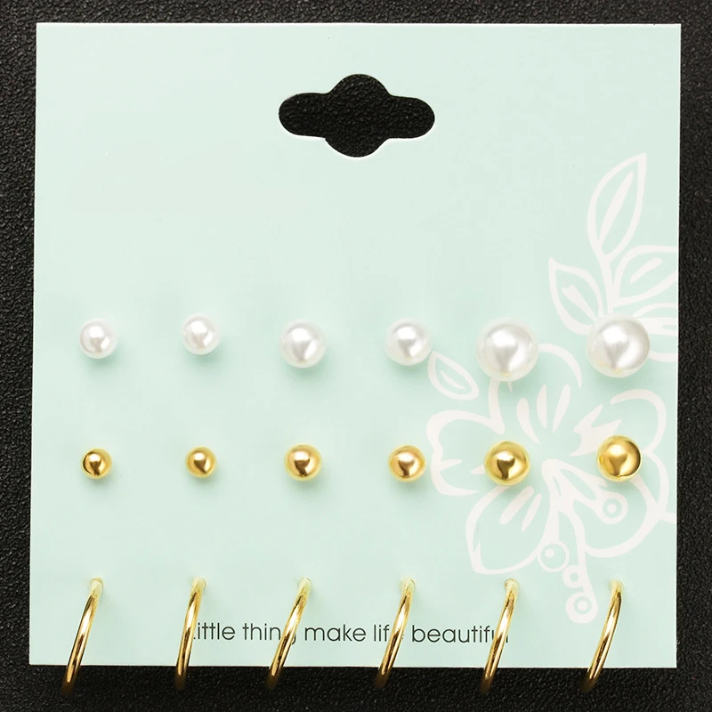 Модные смешанные серьги-гвоздики с жемчугом золотого/серебряного цвета 9 парт/уп.