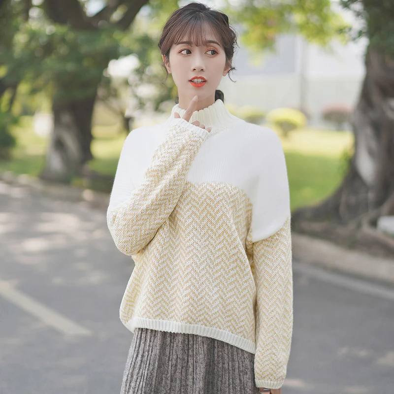 

Chic Khaki 2019 New Fall and Winter Inner Wear Sweater Women's Half Turtleneck Sweater Mixed Color Stripe Long Sleeve Bottoming