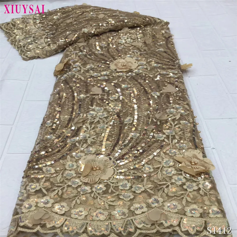 Африка кружевной 2020 сетчатая ткань с блестками ажурная гофрированная Блестки из