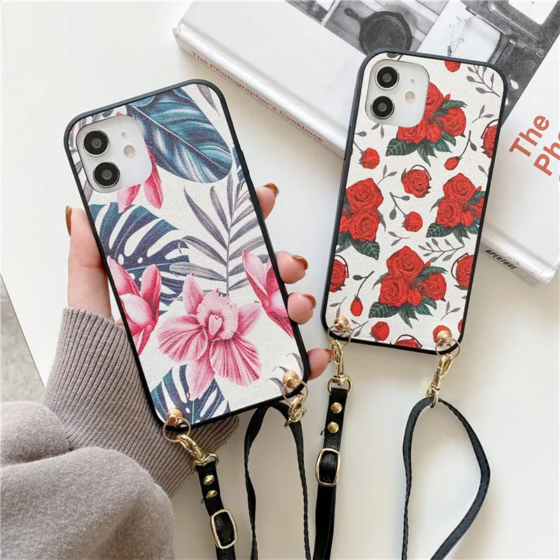 

Ремень шнур цепи чехол для мобильного телефона для iPhone 12 11 Pro XS Max XR X, 8, 7, 6, 6S, Plus, с цветочным рисунком в винтажном стиле ремешок чехол для iPhone 12
