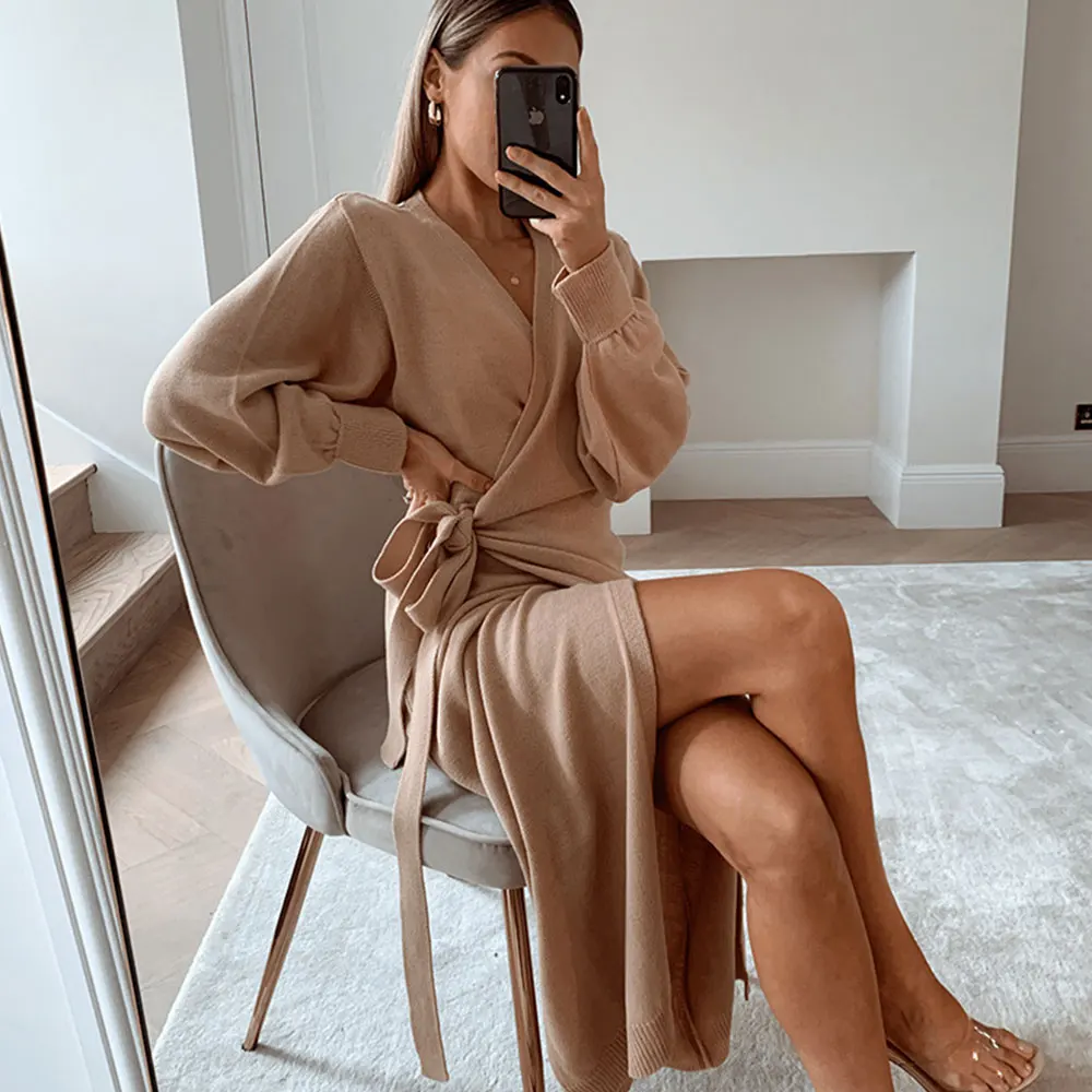 

Gentillove Sexy V Neck Sweater Dress Elegant Lace Up Split Long Knitted Dress Europe Style Bodycon Dress Party Club Dress Robe