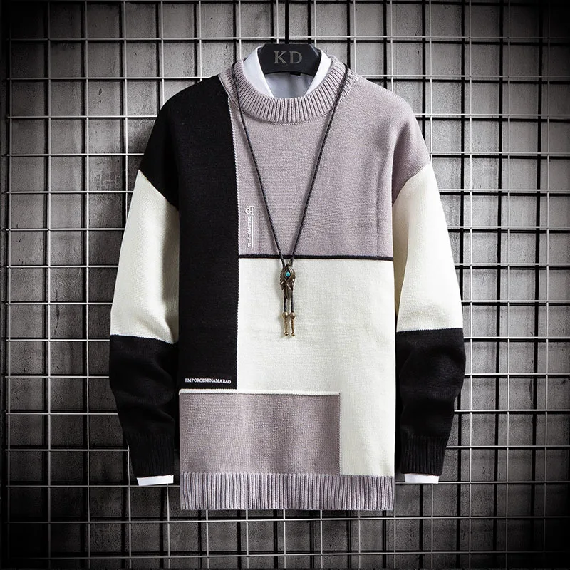 

Мужской свитер с круглым вырезом, повседневный Молодежный пуловер контрастных цветов, Осень-зима 2021