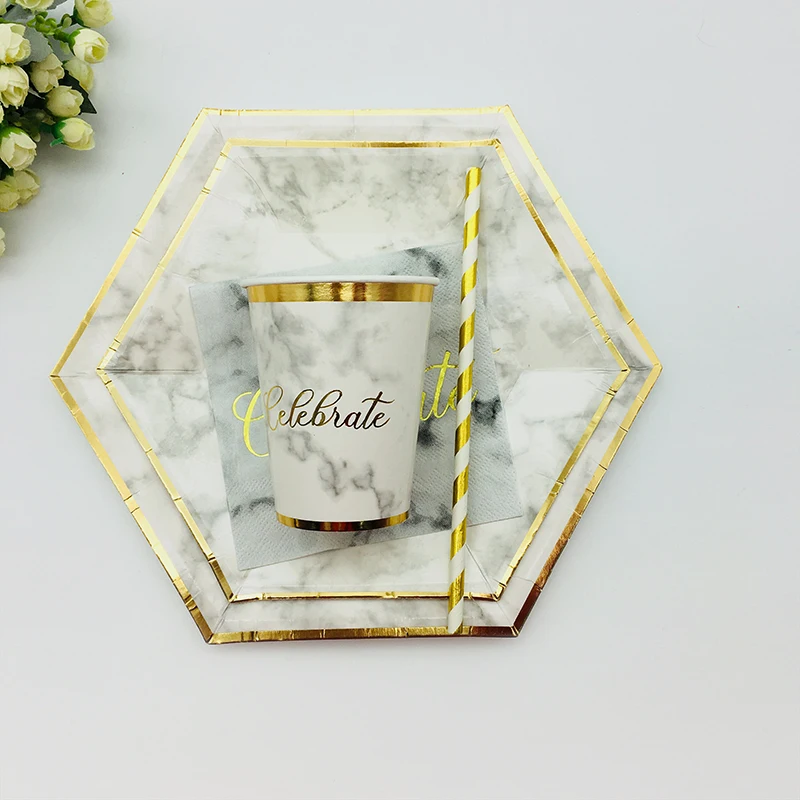 72sets Marble Paper Tableware Foil Gold Plate Cups Napkins Straws For Birthday Wedding Party Supplies Modern Table Setting | Дом и сад
