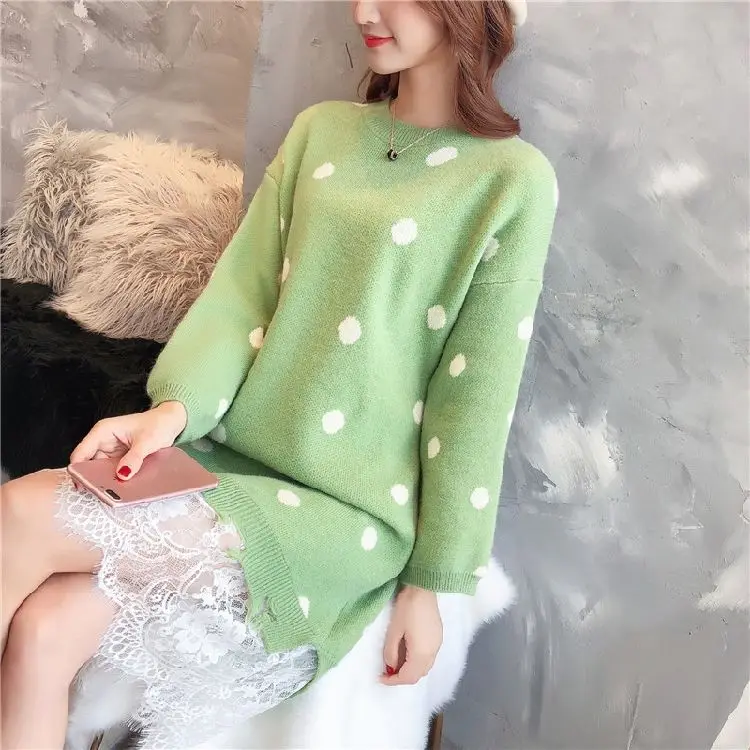 Женское трикотажное платье-свитер прямое платье средней длины в горошек