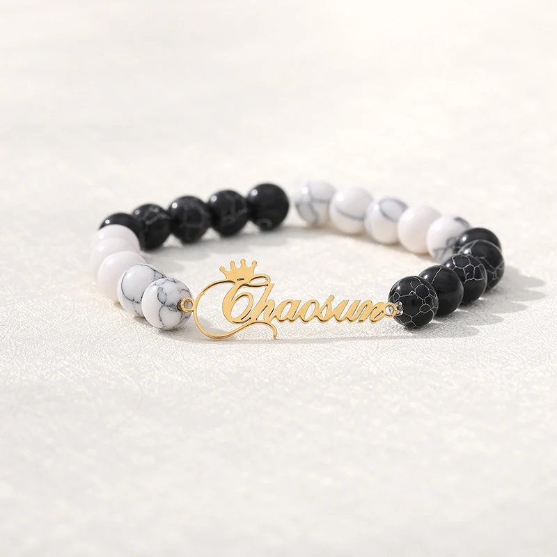 

Natural Black Custom Name Lava & White Stone Beads Custom Name Bracelet Mens Jewelry Buddha Dragon Bead Bracelet For Women