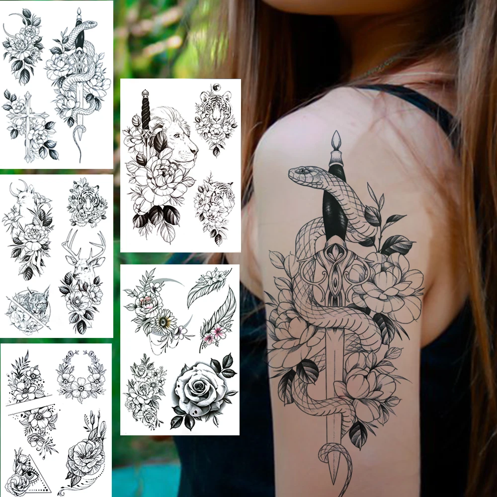 

Sword Snake Temporary Tattoos For Women Men Adults Lion Elk Cat Tiger Black Rose Flower Tattoo Sticker Feather Fake 3D Tatoos