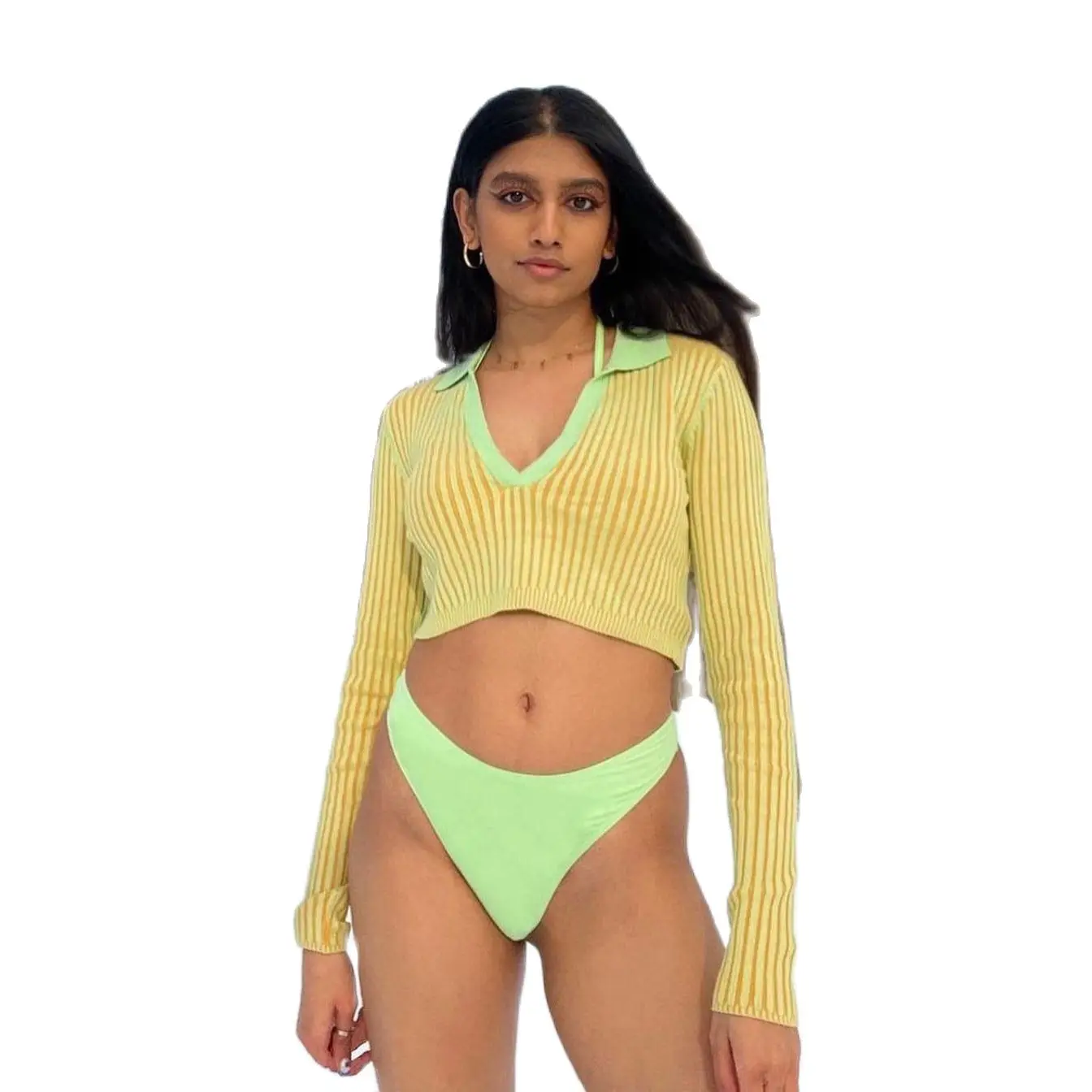 

2021 New Women's Sweatshirt Slim Knit Sweater Stretch Sexy Lady Top Striped Sexy Short Clothes