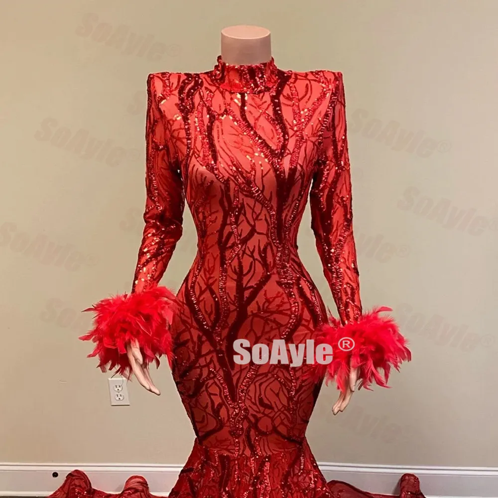 SoAyle Long Prom Dresses 2020 Sexy Backless Deep V-neck Mermaid Red Sequin African Women Prom Dress Sleeves Feathers Dresses