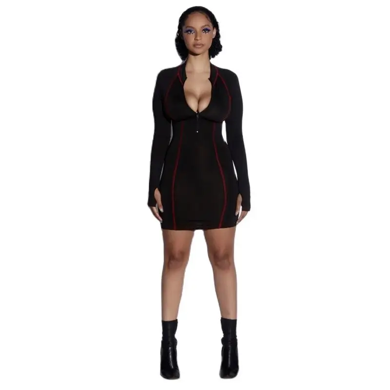 XLLAIS хлопковое облегающее черное платье с длинным рукавом для фитнеса на молнии