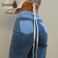 sweetown autumn fashion patchwork jeans pants women 90s streetwear cargo pants high waisted girls denim straight trousers