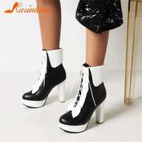 karinluna ins hot new arrival female cross tied thick heels round toe boots lace up mixed colors platform ankle boots women