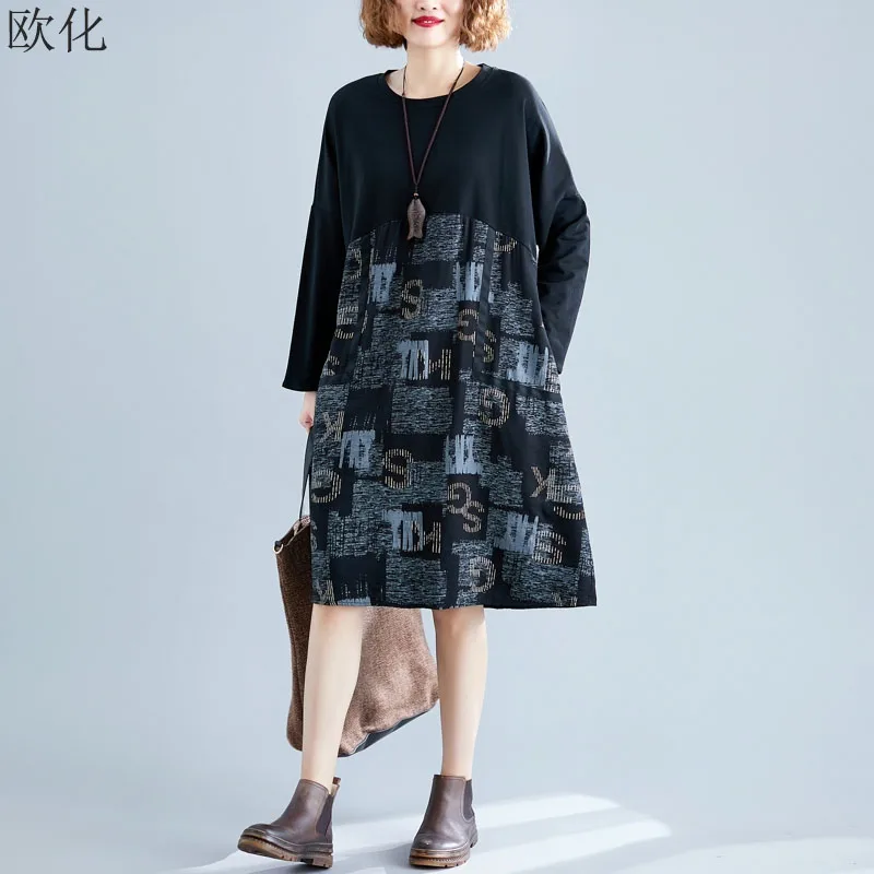 Женское платье размера плюс длинный рукав хлопок лен реглан большого свободное с