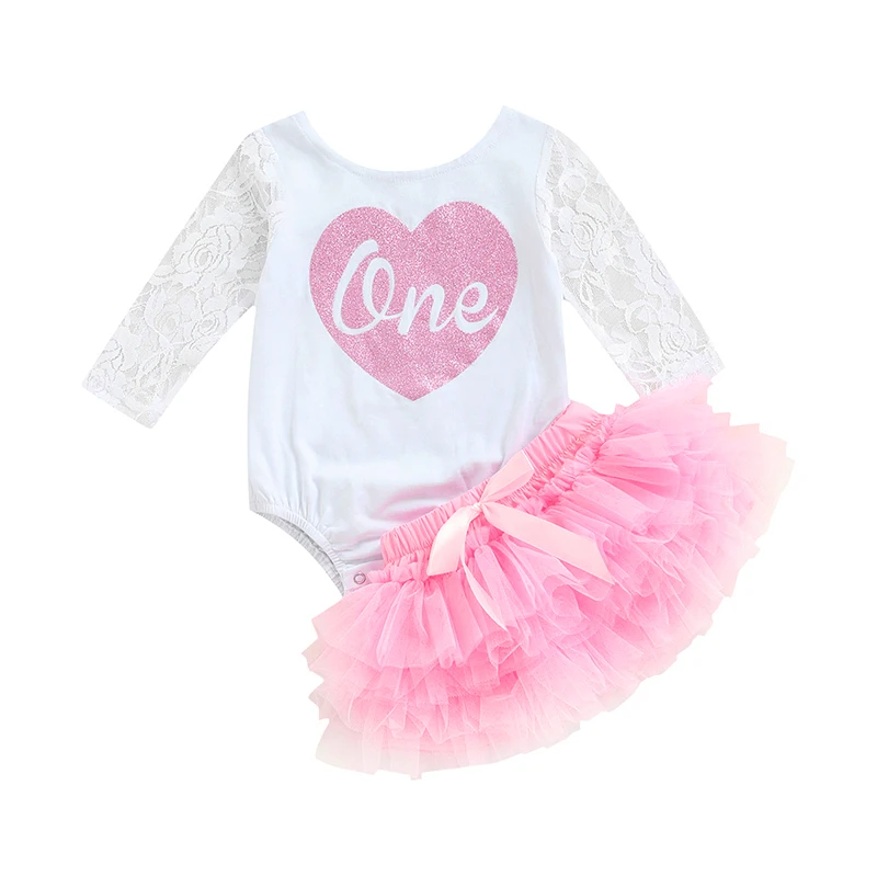 

Sweet Style Baby Girls Outfit Infant Heart Letter Printing Lace Long Sleeve Round Collar Romper + Mesh Bubble Skirt