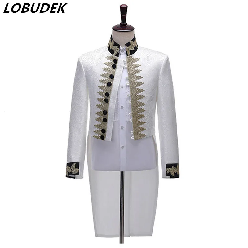 Swallowtail Costume White Stand Collar Embroidery Tailcoats Men Magician Performance Suit Jacket Singer Chorus Host Stage Blazer