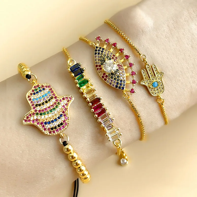 FLOLA Радужный греческий браслет для глаз женский циркониевый Фатима 24K золото