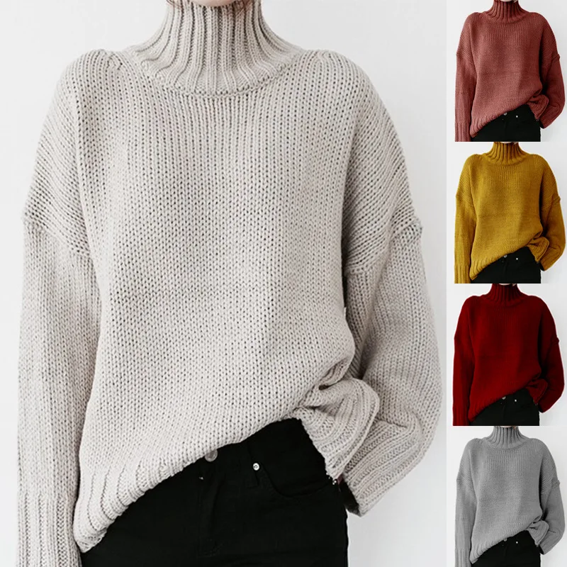 

Autumn and winter new European and American women's high-neck long-sleeved solid color knitted pullover sweater